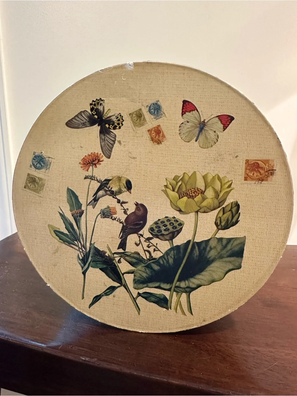 Metal container with lid • Birds, butterflies and wildflowers • vintage